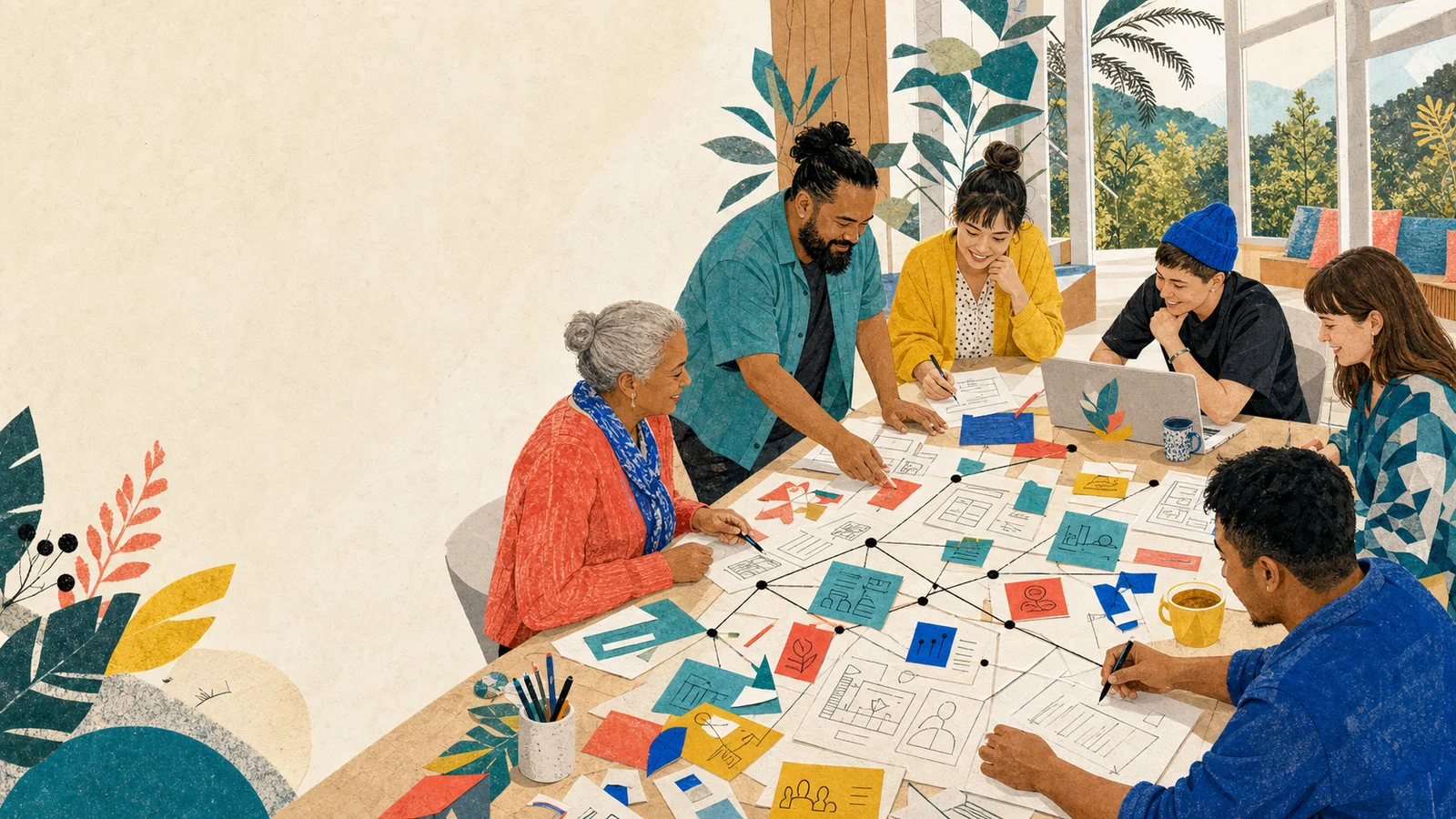 A diverse community team mapping website pages and safer workflows together around a workshop table.